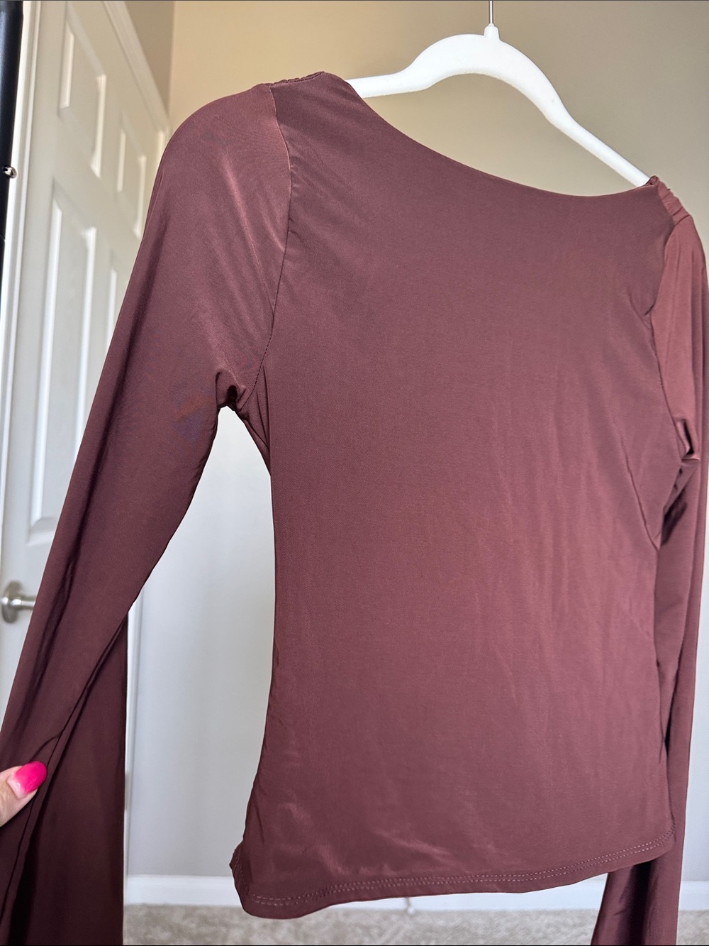 Women’s Long Sleeve Scoop Back Top in Brown - Picture 6 of 6